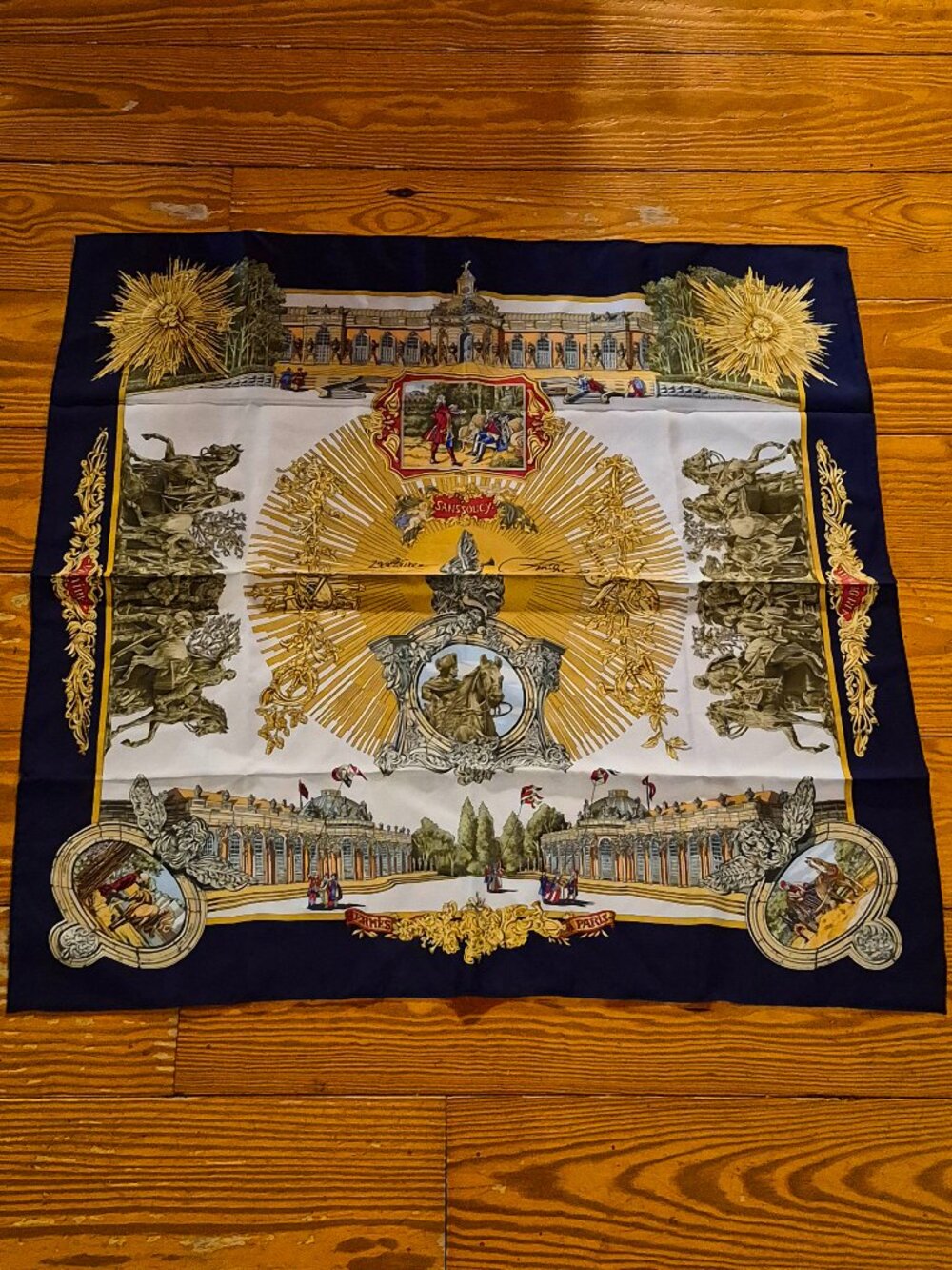 HERMES SANSSOUCY Carre 90 silk 100% dark blue scarf